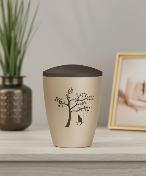 Exclusive pet urn for cats in beige with a velvety surface and brown lid, adorned with a pad printed motif of a cat on a swing under a flowering tree – A loving and comforting memorial site.